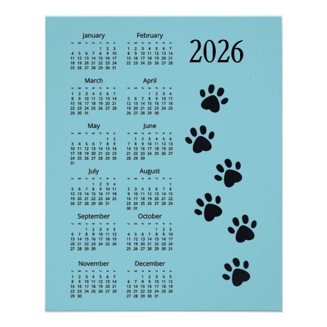Pawprints Design 2026 Calendar Poster (Devant)