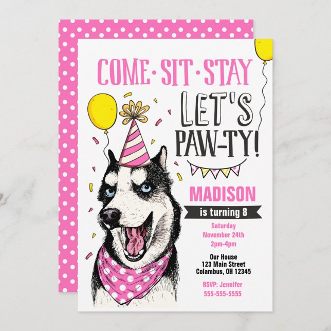 Pawty Invitation Anniversaire Chien Chien Chien Ch (Devant / Derrière)