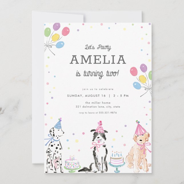 Pawty Pastel Chien chiot Invitation d'anniversaire (Devant)
