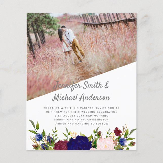 Pays Bleu Bourgogne Rose Floral Mariage Invite (Devant)
