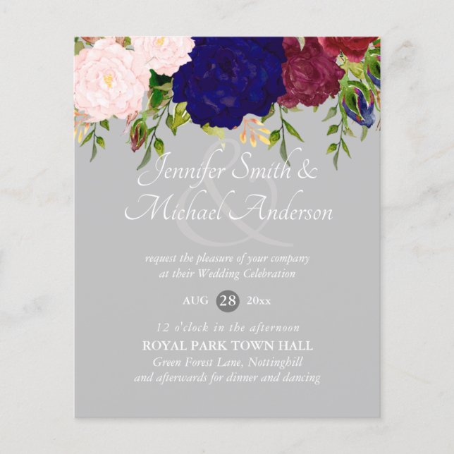 Pays Bleu Bourgogne Rose Floral Mariage Invite (Devant)