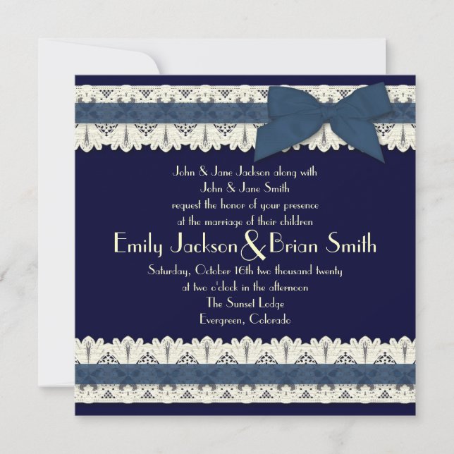 Pays bleu ruban dentelle invitation de mariage (Devant)