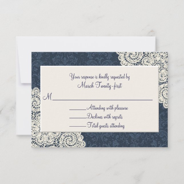 Pays Denim Damask & Ivory Wedding Carte RSVP (Devant)