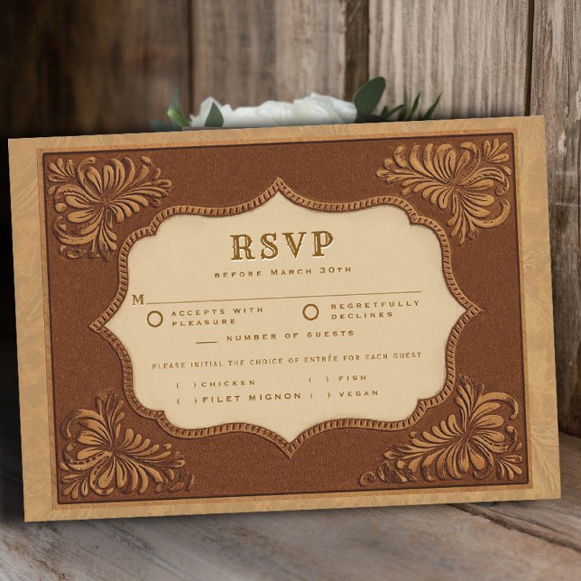 Pays des cow-boys Carte de réponse de mariage en c (country rustic cowboy wedding rsvp meal choice faux tooled leather terracotta cream western frame)