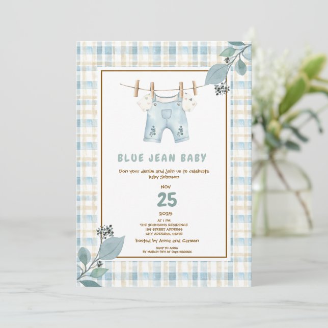 Pays En vichy Blue Jean Baby shower Invitation (Debout devant)