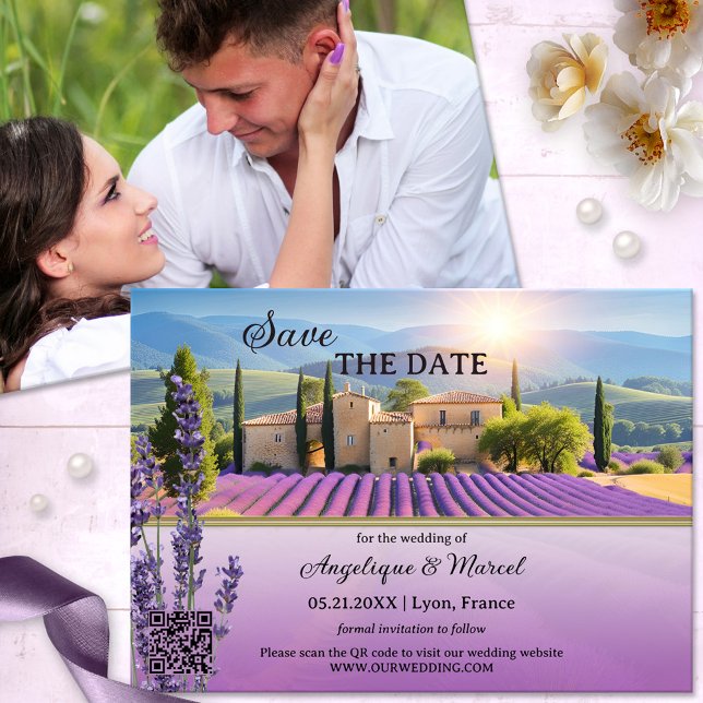 Pays Lavande français QR Enregistrer la carte de d (Romantic Wedding Save the Date Card featuring a painting of lavender farm at sunset and your photo)