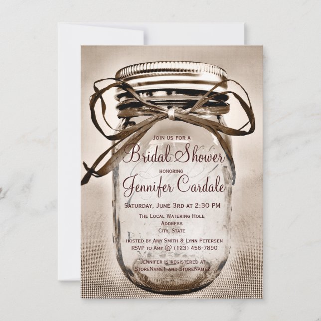 Pays Mason Jar Rustic Bridal Showvous Invitations (Devant)