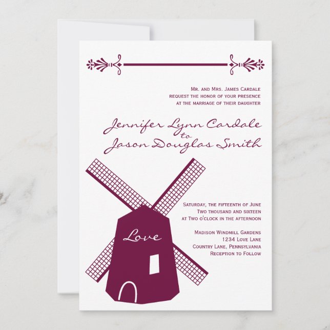 Pays Pays Moulin à vin Purple Mariage Invitations (Devant)