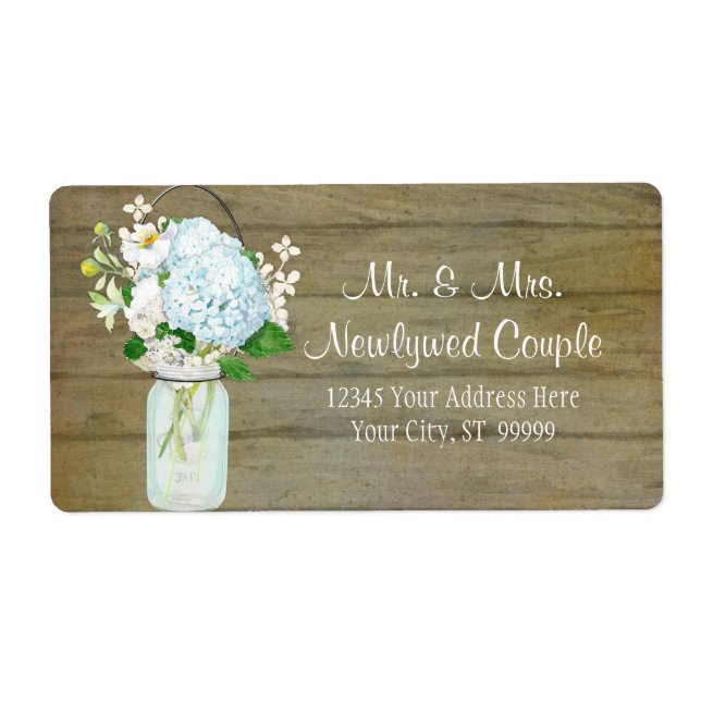 Pays rustique étiquette Mason Jar Blue Hydrangeas (Devant)