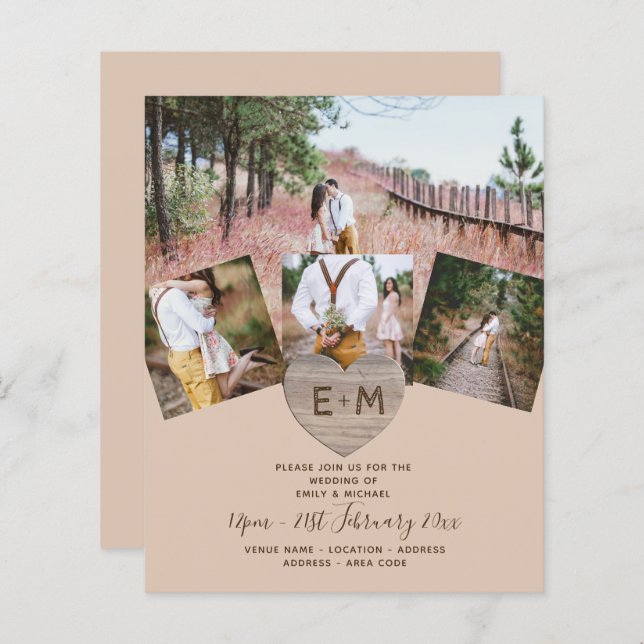 Pays Rustique Photo Gravé Coeur Monogramme Mariage (Devant / Derrière)