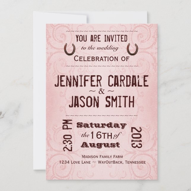 Pays Western Horseshoe Pink Wedding Invitations (Devant)