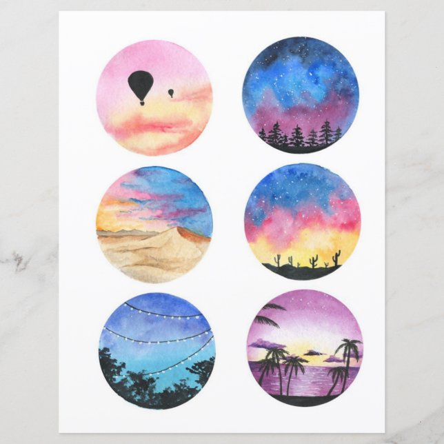 Paysage à l'aquarelle en cercle à découper et coll (Devant)