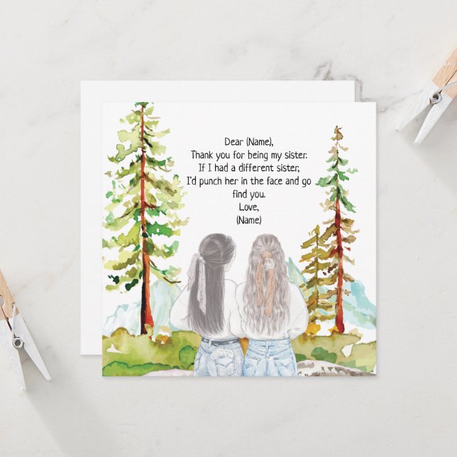 Paysage aquarelle avec 2 filles message personnali (Devant/Arrière en situation)