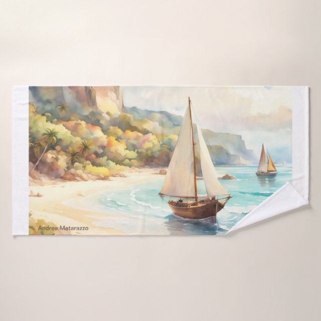 Paysage avec mer et voiliers (Serviette de bain)