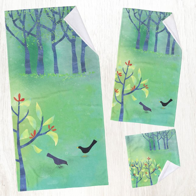 Paysage d'art avec oiseaux et arbres (Modern bird and forest landscape art towel set with original art by Nic Squirrell. )