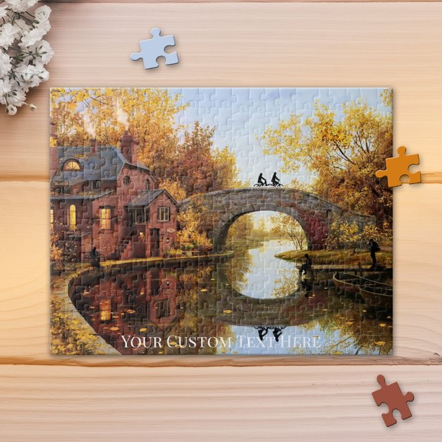 Paysage d'automne avec Puzzle de rivière (Puzzle featuring a colorful autumn landscape with bridge over a river.)