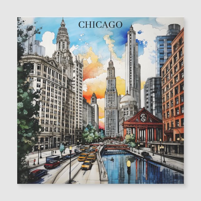 Paysage de Chicago à l'aquarelle – Ville venteuse  (Devant)