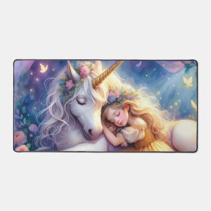 Paysage de rêve de licorne de fille endormie