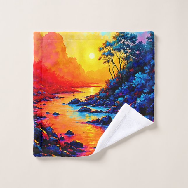Paysage de rivière au coucher du soleil vibrant Ar (Gant de toilette)
