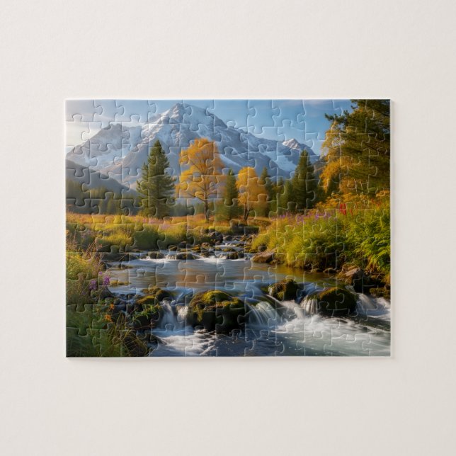 Paysage de ruisseau de montagne enneigée Puzzle (Horizontal)