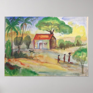 Paysage de Village Aquarelle – Décoration Murale R