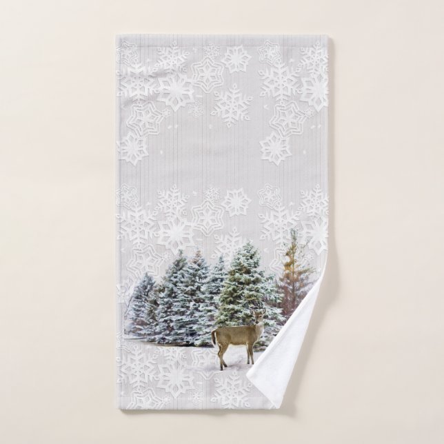 Paysage hivernal Cerfs et pins Noël (Serviette à main)