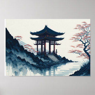 Paysage japonais avec affiche de pagode