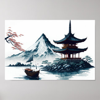Paysage japonais avec affiche de pagode