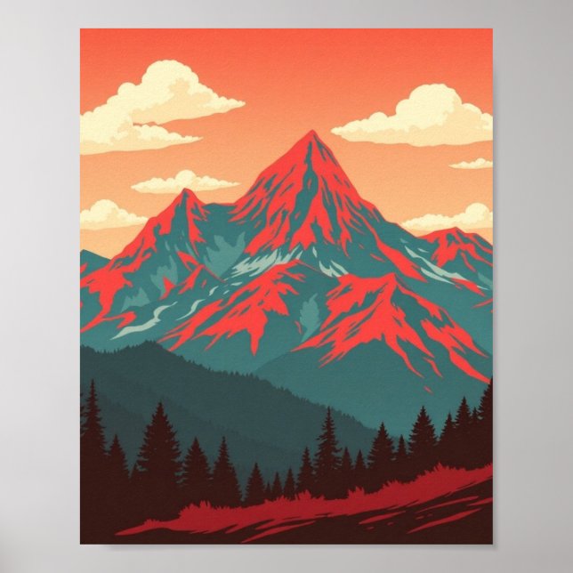Paysage Montagneux Rétro Affiche Rouge Bleu (Devant)