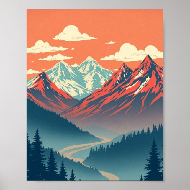Paysage Montagneux Rétro Affiche Rouge Bleu (Devant)