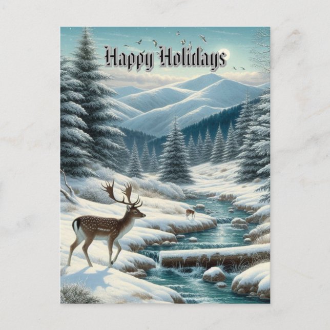 Paysage neigeux avec Deer Happy Holidays Carte pos (Devant)