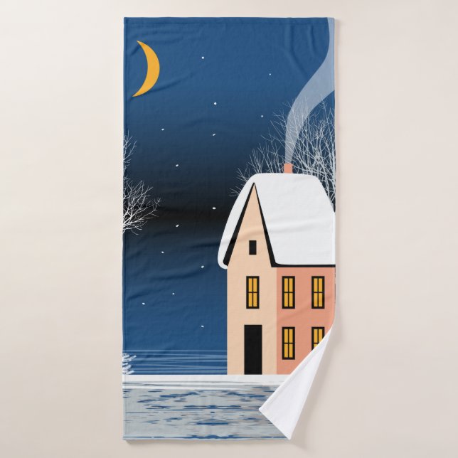 Paysage nocturne d'hiver. Maison cosy, divers arbr (Serviette de bain)