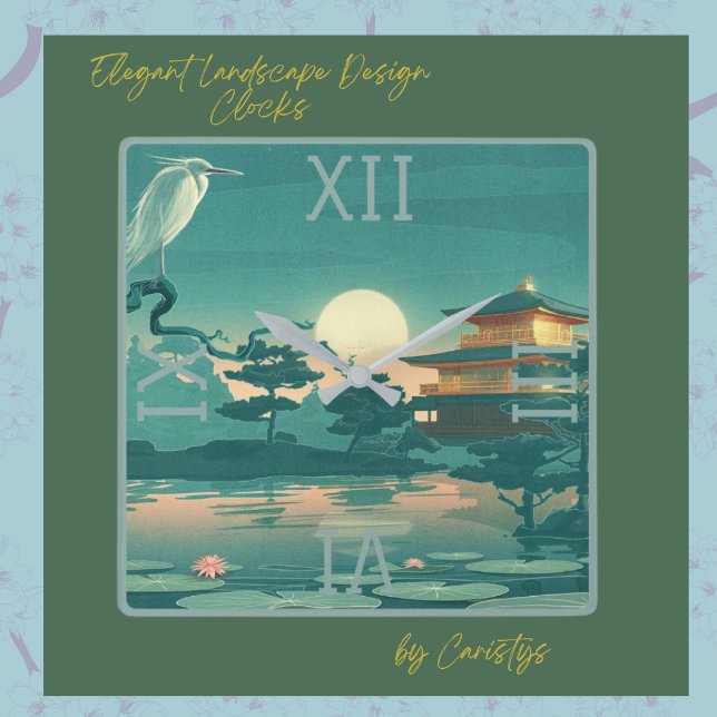 Paysage Pagode Grue Carré Horloge murale (Créateur téléchargé)