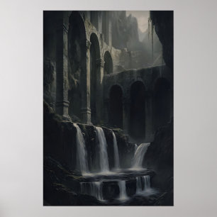 Paysage rustique antique avec cascade - Impression