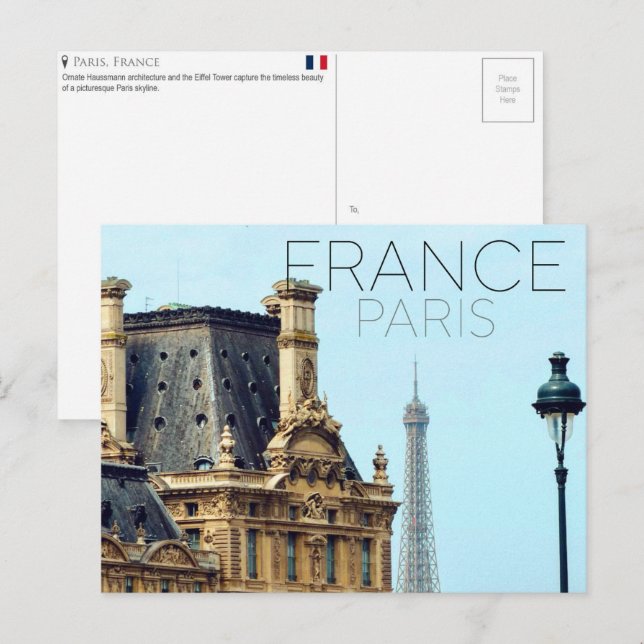 Paysage urbain de Paris, carte postale de voyage e (Devant / Derrière)