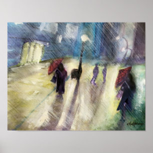 Paysage urbain pluvieux - affiche