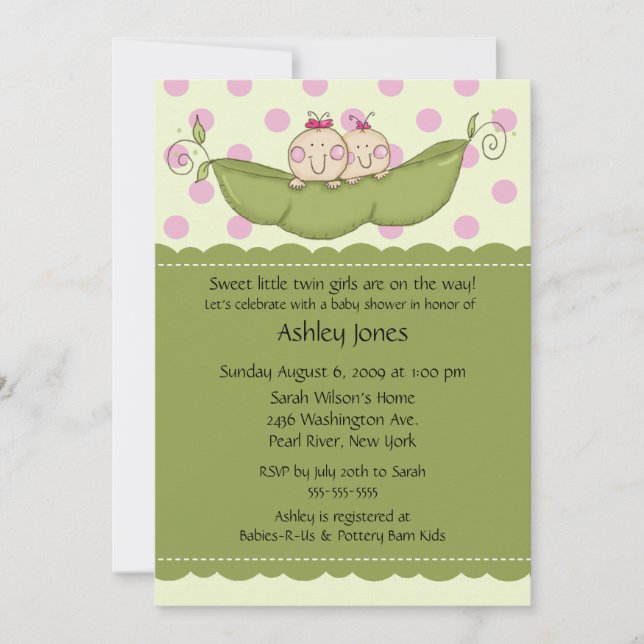 Pea Pod Twin Girls Baby Shower Invitations (Devant)