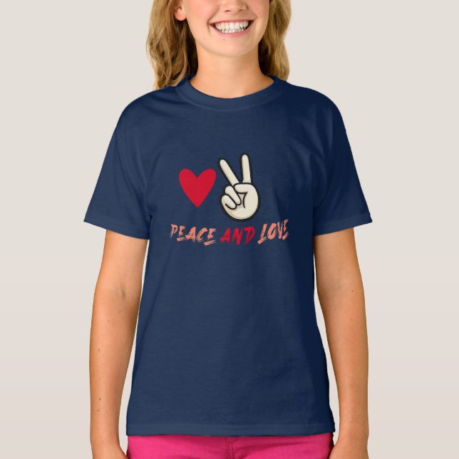 Peace and Love Girls’ T-Shirt | Cute Heart and Pea (Devant)