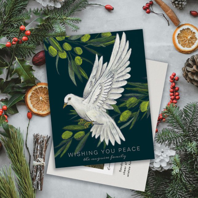 Peace Dove et Olive Branches Carte postale (illustrated peace dove and olive branches on a dark teal blue background Christmas holiday postcard)