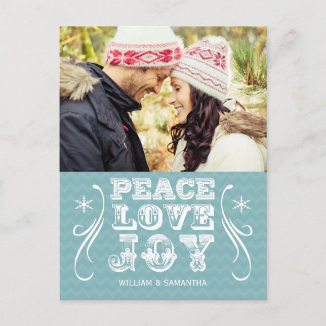Peace Love Joy Blue Chevron Carte postale (Devant)