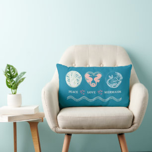 Peace Love Mermaids Artsy Turquoise Lumbar Coussin