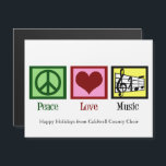 Peace Love Musique Custom Christmas Magnet Card<br><div class="desc">Belle carte magnétique musicienne de Noël avec un signe de paix,  le coeur,  et une clé trible et le personnel musical. Cute Peace Love Music - cartes magnétiques de vacances pour un compositeur,  un directeur de groupe ou un chef de choeur.</div>