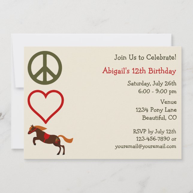 Peace Love Ponies Anniversaire Invitation pour les (Devant)