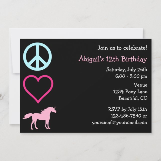 Peace Love Unicorns Invitation d'anniversaire de l (Devant)