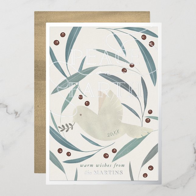 Peace on Earth Dove Cream Silver Foil Carte de vac (Recto/Verso)