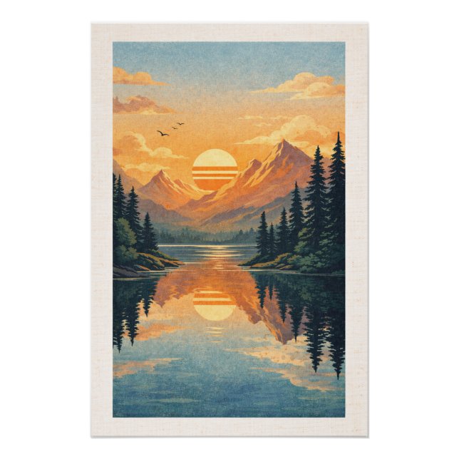 Peaceful Alpine Lake Sunset Retro Travel Poster (Devant)