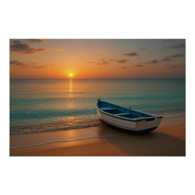 Peaceful Golden Sunset with Boat on Beach Poster (Devant)