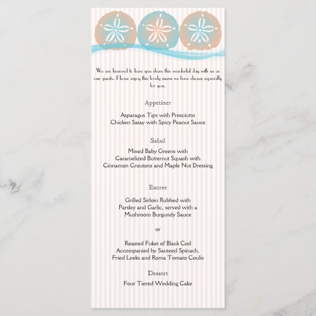 Peach and Blue Sand Dollars Beach Wedding Menu (Devant)