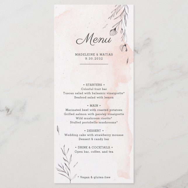 Peach and grey botanical romantique menu mariage (Devant)