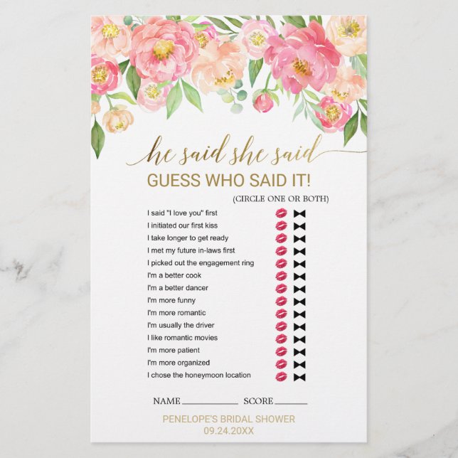 Peach and Pink Peony "He Said She Said" Jeu (Devant)